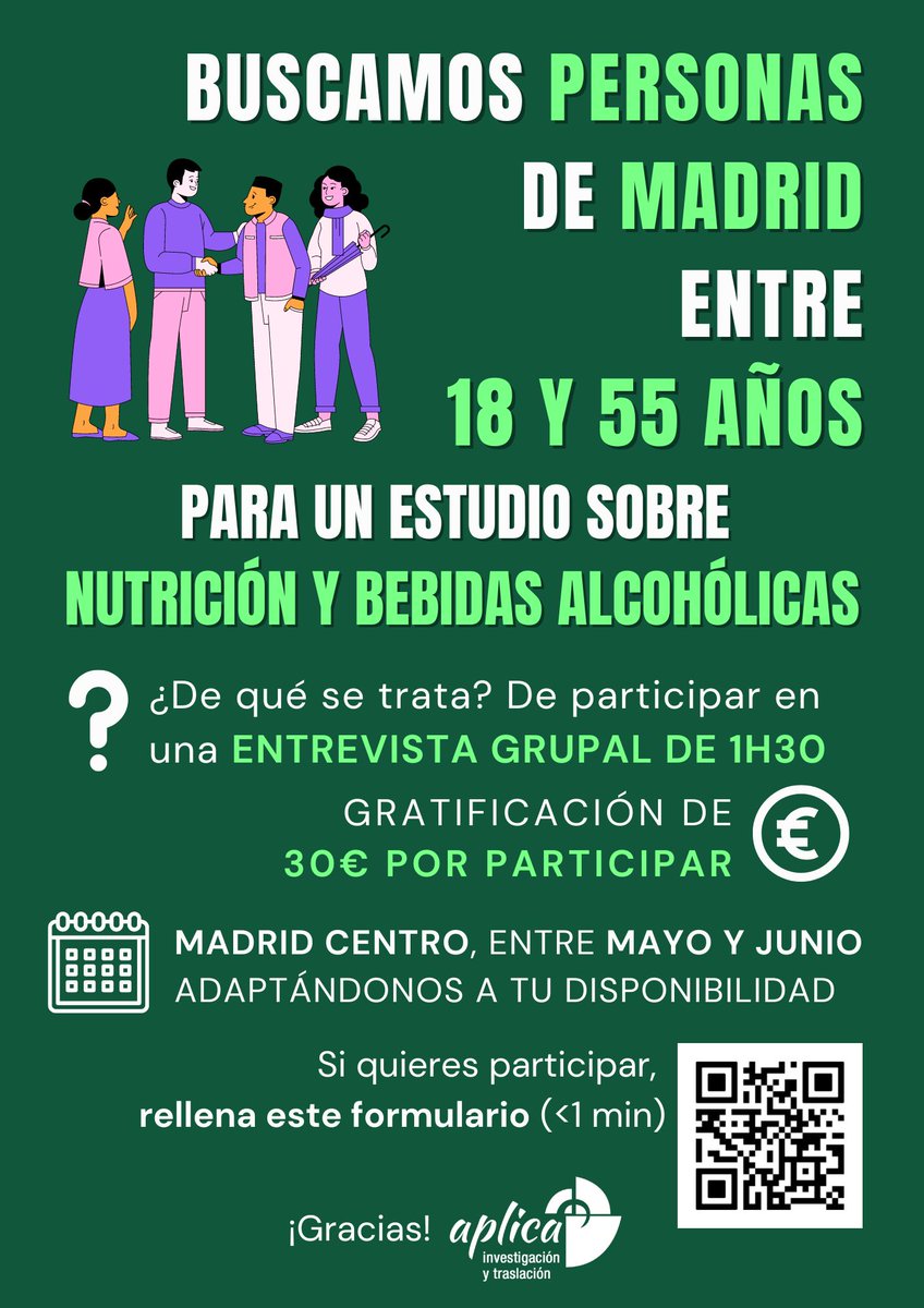 ¡Hola! Buscamos a personas de Madrid entre 18 y 55 años, para participar en una entrevista grupal sobre nutrición y bebidas alcohólicas. Te gratificaremos con 30€ por tu participación. Rellena este formulario (&lt;1min) y nos pondremos en contacto contigo: forms.gle/kbj6ZjRBo4whCD…