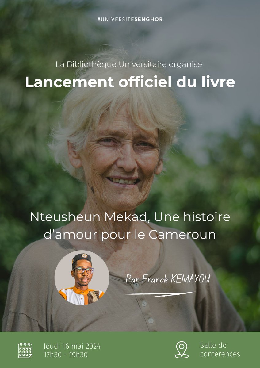 Nous félicitons Franc KEMAYOU pour le lancement de son nouveau livre 'Nteushün Mekad, Une histoire d'amour pour le Cameroun'📚. Venez nombreux à la Salle de Conférences de l'Université pour célébrer cet événement spécial le jeudi 16 mai 2024 à 17h30. -------