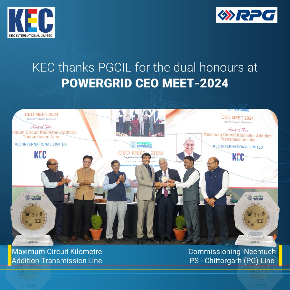 KEC International extends heartfelt gratitude to @pgcilindia for the dual honours bestowed upon us at POWERGRID CEO MEET-2024.

Mr. @kejriwalv1, and Mr. Rajinder Gupta graciously accepted these honours on behalf of the company.

@RPGEnterprises @RPG_Cables_KEC @SaeTowers
