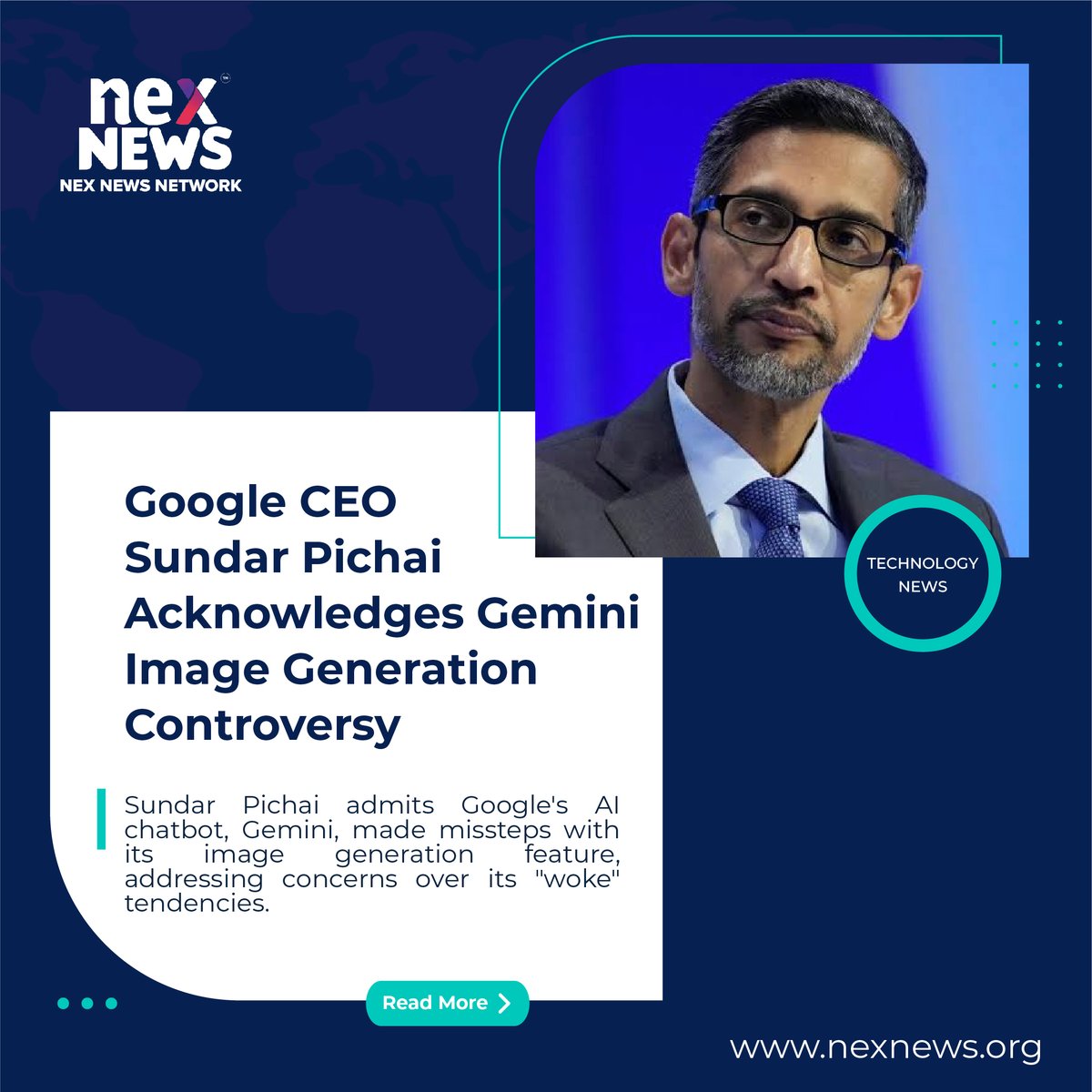 Google CEO Sundar Pichai acknowledges Gemini image generation controversy, citing missteps with AI chatbot's feature. #Google #Gemini #AI 
Visit- nexnews.org