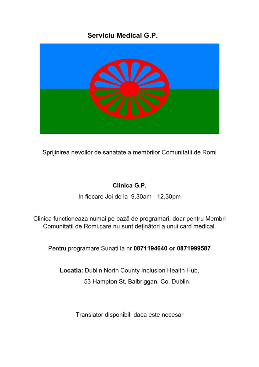 The Roma GP Service takes place every week in Balbriggan. This service is for non-medical card holders only and will take place every Thursday from 9:30am-12:30pm. To make an appointment please call 087 1194640 or 087 1999587. #EmpoweringFingal #HealthMatters