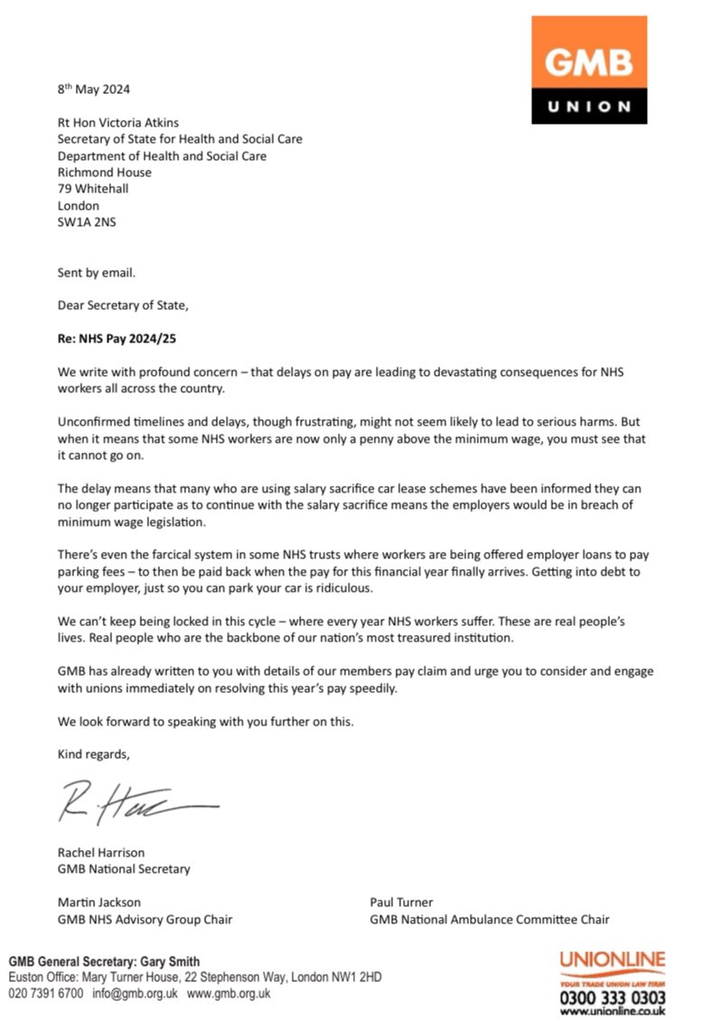 Delays to the NHS pay award are devastating for staff. Some are now only pennies above minimum wage - key workers who keep our health service moving 🧑‍⚕️ This can’t go on. Our letter to @VictoriaAtkins 👇