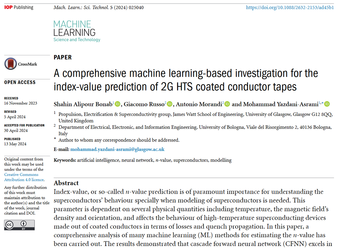 Great new work by @YazdaniAsrami Antonio Morandi et al @UofGEngineering @Unibo - 'A comprehensive #machinelearning-based investigation for the index-value prediction of 2G HTS coated conductor #tapes' - iopscience.iop.org/article/10.108… #materials #superconductivity #devices #AI #magnets