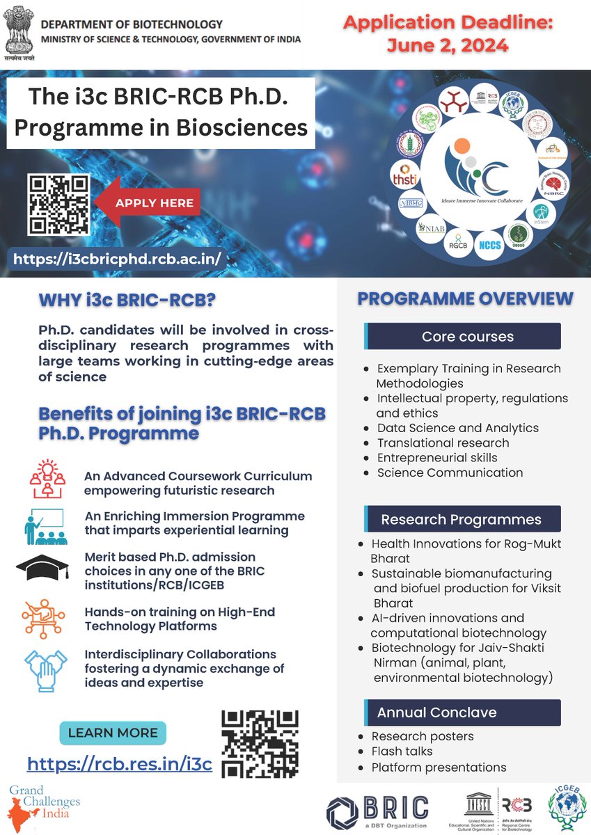 Calling all #PhDAspirants in #Biosciences....!!!!
Fifteen top-notch research institutes, dozens of state-of-the-art research labs, rigorous training under  eminent faculty. This is i3C, a novel and prestigious PhD Programme in Biosciences in India. Call for Applications Open