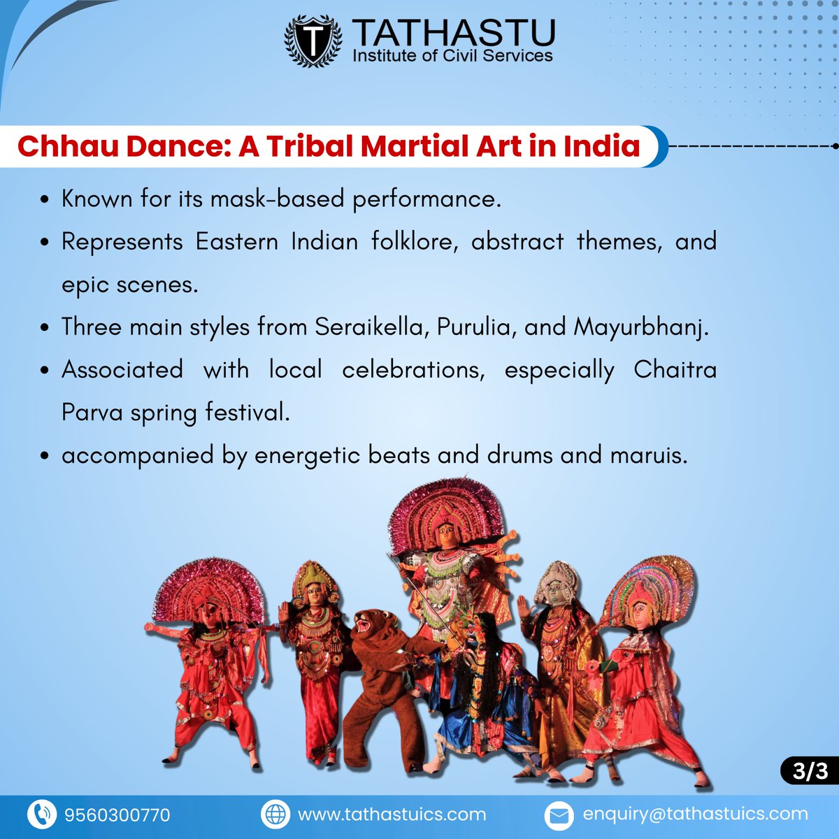 #Folk #Dance

Chhau Dance
One of the most well-known tribal martial arts of India is the Chhau Dance. 
#upsc #tathastuics #drtanujain #UPSCPreparation #upscprelims  #artculture #history #chhaudance #chaudance #chhayadance #martialarts #Mahabharata #Ramayana
