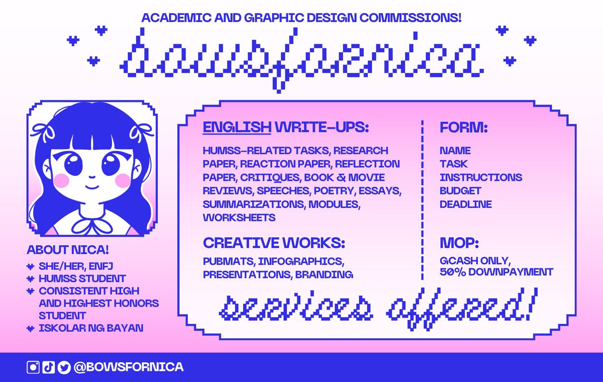‧₊˚ ☁️⋅౨ৎ 🪼₊˚. hi, i'm nica  — a humss student with a passion for writing and graphic design, here to lend out a hand for all your academic and creative needs! budget friendly rates, open for rush/non-rush #commstwt

╰✦ feedback: #nicacomms
╰✦ samples: #madebynica