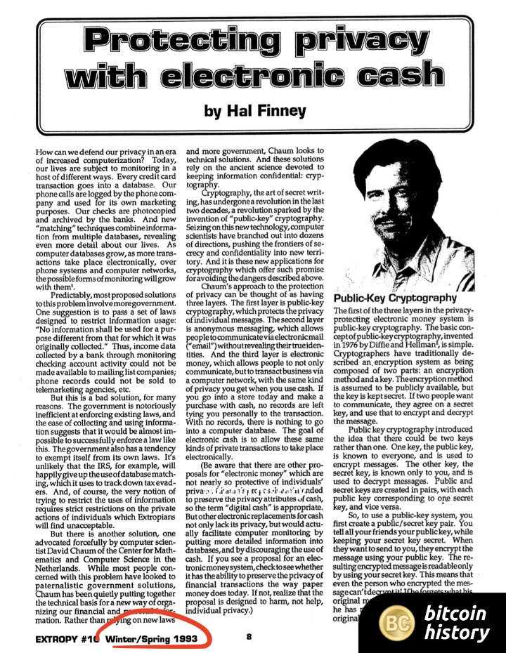 ✨ Hal Finney writing about why society needs #Bitcoin for Extropy Magazine, released on this day in 1993