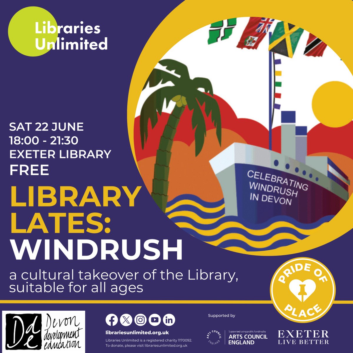 Announcing our next #LibraryLates 🎶🎨 Celebrate National #Windrush Day with us on June 22 & dive into Caribbean culture with music, dance, poetry, exhibitions, & crafts! Co-produced by Devon Development Education. FREE event - booking essential. Info: tinyurl.com/yc8h2485