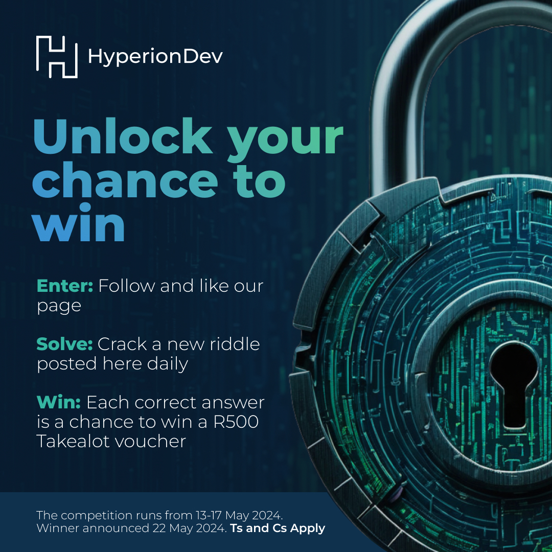 Enter our Cyber Security competition 🔍 Solve weekly cyber riddles. 🗓️ Competition runs 13-17 May 2024 and winner announced on 22 May 2024. 🎁 The lucky winner gets a R500 Takealot voucher. Don't miss out—sign up now! #CyberSecurity Ts and Cs Apply.