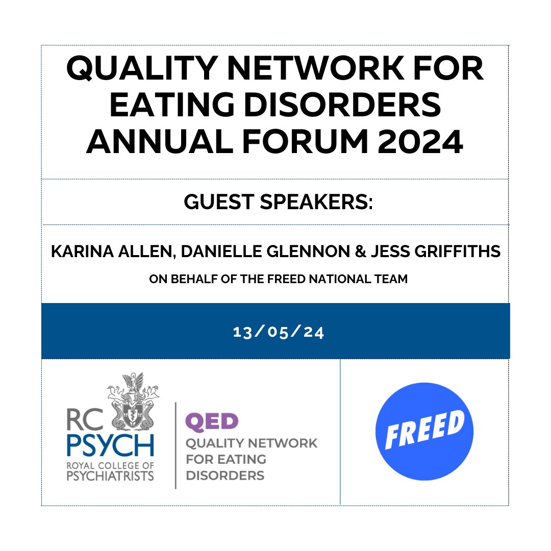 Our very own @Karina_Maudsley, @dglennon77 and @jessthegriff will be presenting today between 13:20-14:10, on behalf of the FREED National team, at the @rcpsychCCQI #QEDAnnualForum. They’ll be providing an update on FREED National implementation and key findings! #EatingDisorders