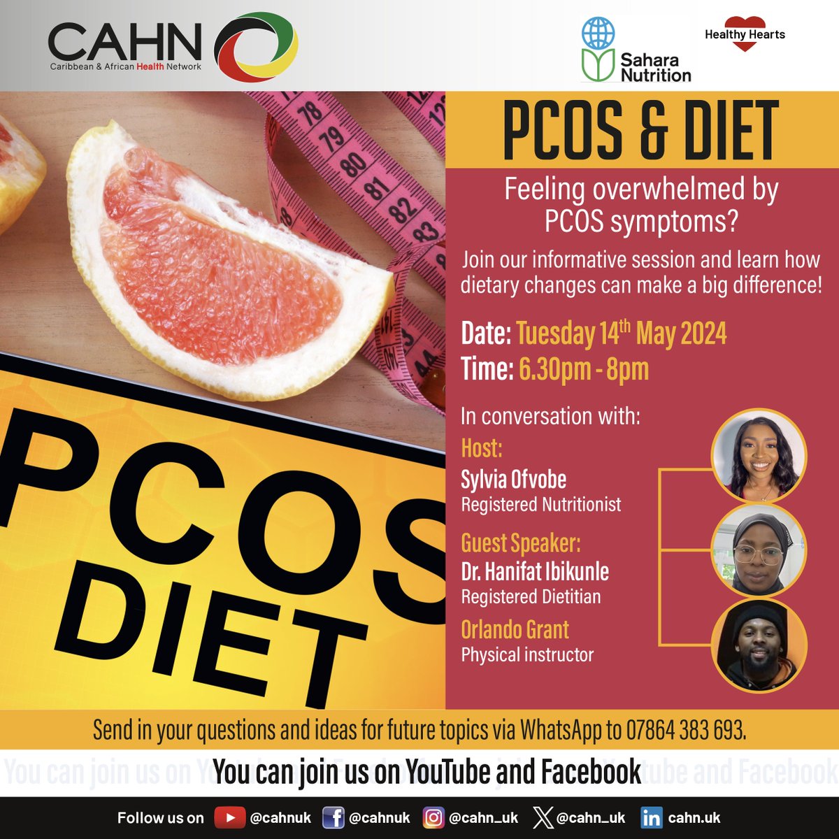 PCOS affects 10% of women in the UK, and is even more common in Black women. Symptoms include excess hair growth, irregular periods & infertility issues changing your diet may help change the story! Find out more in #HealthyHearts on Tues.
Sign up now: portal.cahn.org.uk/healthyhearts