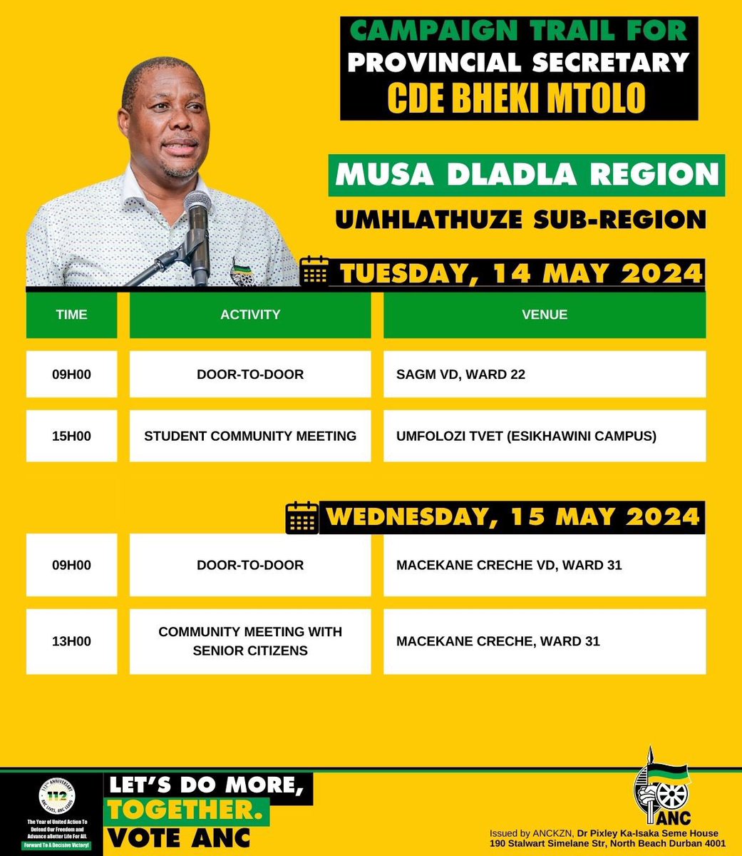 ⚫️🟢🟡 CAMPAIGN TRAIL FOR ANC KZN PROVINCIAL SECRETARY, CDE BHEKI MTOLO. Provincial Secretary, Cde Bheki Mtolo will lead a Door-to-Door campaign and Student community meeting in the Musa Dladla Region, Umhlathuze Sub-Region on Tuesday, 14 May 2024. #VoteANC2024…