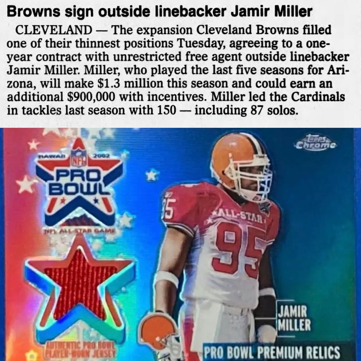 MrCleveland_216's tweet photo. May 13, 1999: First & Only🏈
Expansion #DawgPound sign free agent LB Jamir Miller to contract.
Our 1st All-Pro in expansion era…
…was our ONLY All-Pro from 1999-2007!! (9 seasons!!! 🤯)
#LB #AllPro #Jamir https://t.co/JMBn2q3iOE