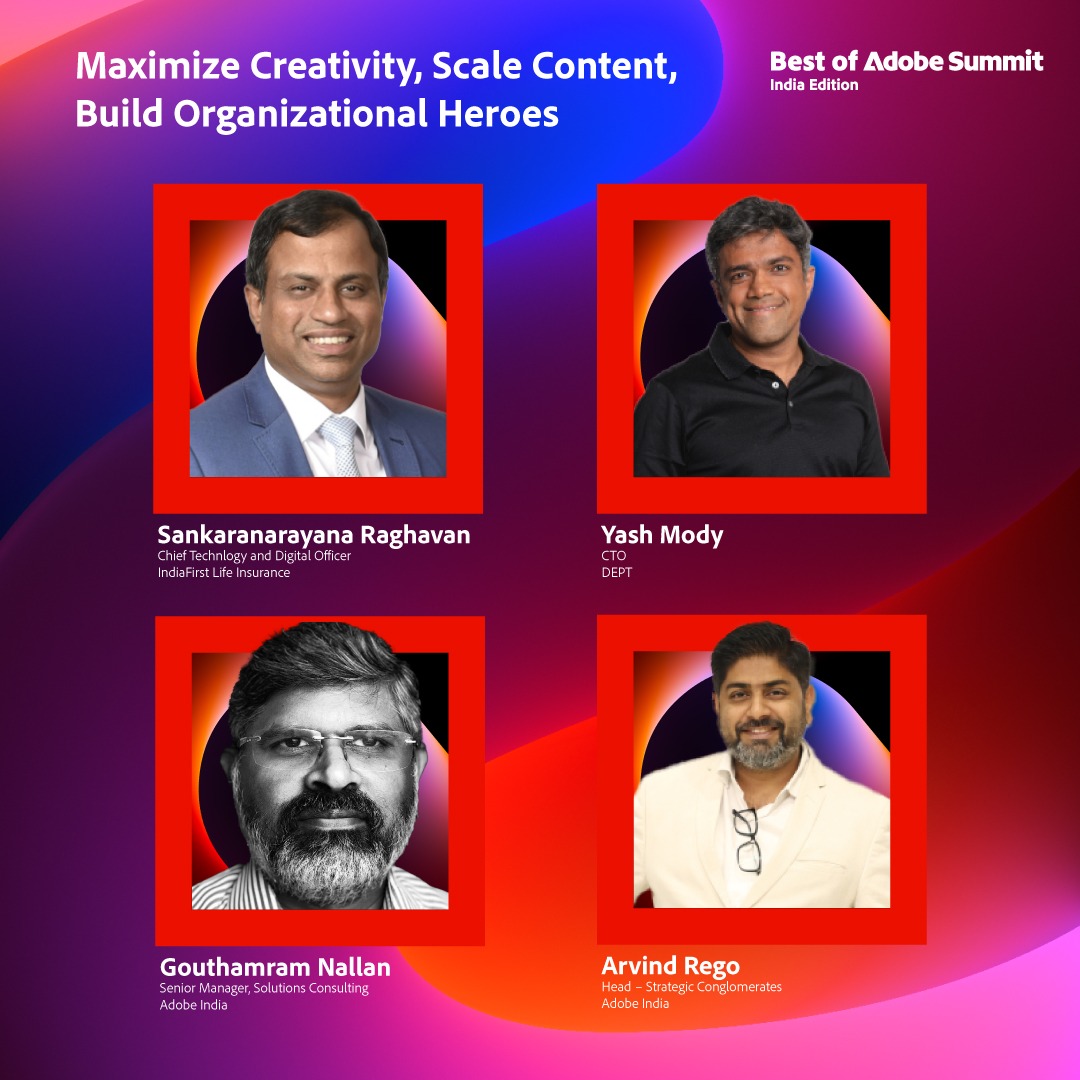 Unlock the secrets of creativity with Sankaranarayanan Raghavan, CTO at IndiaFirst Life, Gowthamram Nallan, Senior Manager at Adobe India, Arvind Rego, Head of Strategic Conglomerates at Adobe India & Yash Mody, CTO at DEPT. Link- lnkd.in/g7YYs33W #BestofAdobesummitIndia
