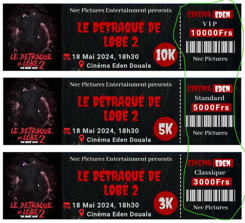 << Le détraqué de Lobé 2>> sera en projection ce samedi 18 mai 2024, dès 18h30, au cinéma l'Eden à Douala. Le studio photo Manyaka Prod offre 5 photos shooting à tous ceux qui achèteront 5 billets de 3000FCFA, 3 de 5000 FCFA ou 2 de 10000FCFA. Contactez le 693857270.