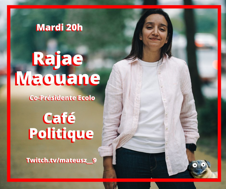 Rendez-vous avec @RajaeMaouane, co-présidente du parti @Ecolo, ce mardi 14 mai, à 20h, dans le #CaféPolitique sur Twitch. Comme d'habitude, toutes questions bienvenues en live, dans le chat, ou en amont, sur Discord ou ailleurs.