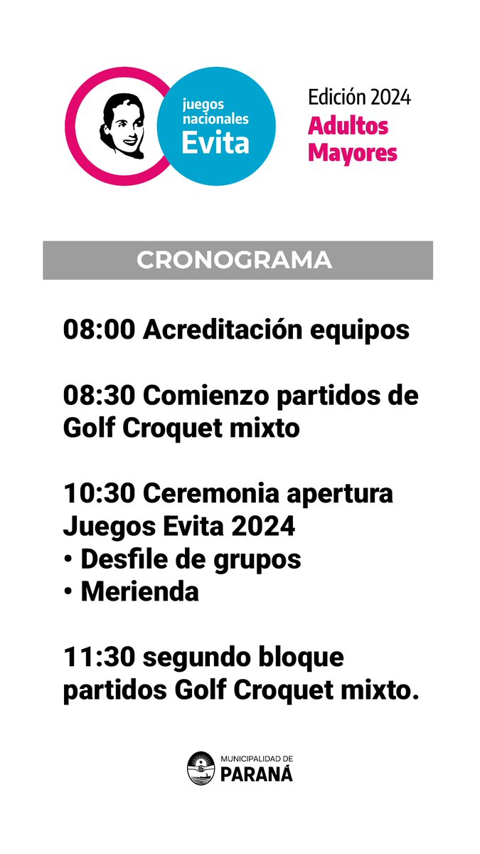 DHumanoParana's tweet photo. ¡Comienzan los Juegos Evita 2024 para adultos mayores, etapa local!

Tenemos un mes lleno de actividades deportivas y culturales para las y los vecinos de la ciudad.

Construir espacios recreativos y de goce para la tercera edad, es esencial para construir una ciudad inclusiva. https://t.co/hHpU0aFVG4