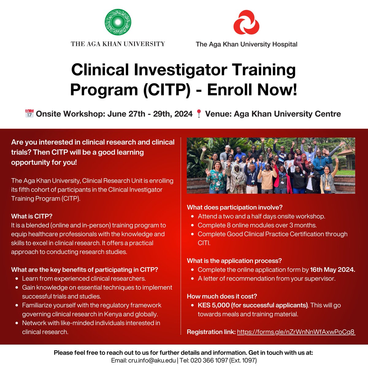 Gain knowledge on essential techniques to implement successful trials and studies and learn from experienced clinical researchers. Enroll now for AKU’s Clinical Investigator Training Programme (CITP) programme at our Nairobi campus here: forms.gle/nZrWnNnWfAxwPo…