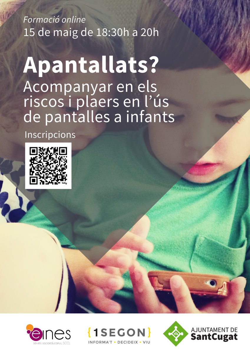 Bon dia i bona setmana! L'Escola de Famílies de l'AFA us compartim aquesta xerrada sobre l'ús de pantalles a infants, serà aquest dimecres 15 a les 18:30h i en format online! 
<a href="/ajsantcugat/">Aj. Sant Cugat</a> <a href="/EscolaOlivera/">Escola l’Olivera</a>