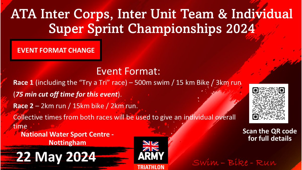 📢Just over a week to go until the next ATA event of the season. 22 May 2024 - ATA Inter Corps, Inter Unit and Individual Super Sprint Triathlon Championships. Full details can be found on Defence Connect. jive.defencegateway.mod.uk/events/168649 @ArmySportASCB