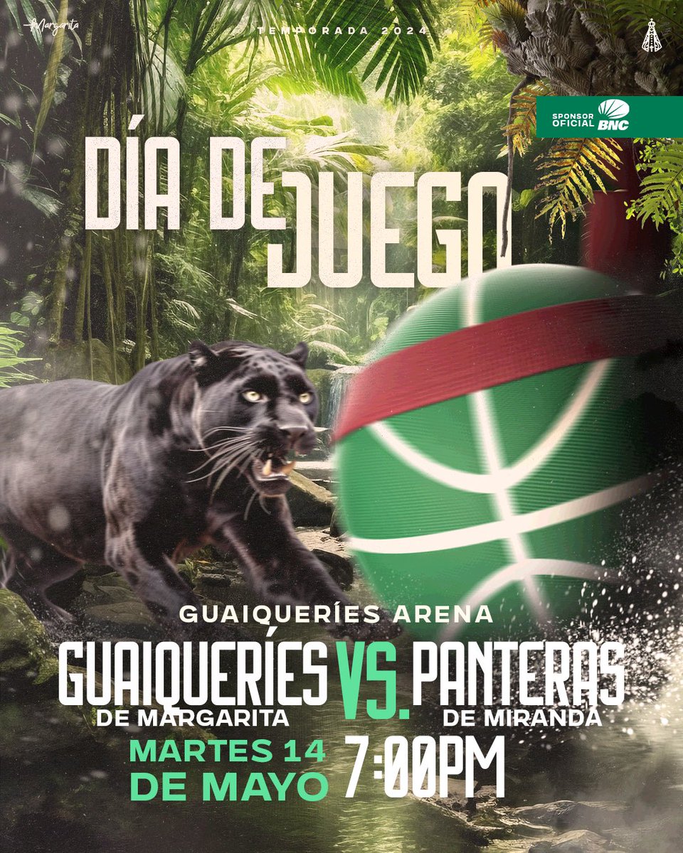 𝗠𝗔𝗥𝗧𝗘𝗦 𝗗𝗘 𝗝𝗨𝗘𝗚𝗢 𝗘𝗡 𝗟𝗔 𝗜𝗦𝗟𝗔 💚🏹🏀 🆚 Panteras de Miranda 🗓️ Martes 14 de Mayo ⏰ 7:00pm 🏟️Gimnasio Cubierto Ciudad de La Asunción, @guaiqueriesarena Taquillas del gimnasio abiertas de 9:00am a 5:00pm 😬 Presentado por: BNC | Banco Nacional de Crédito