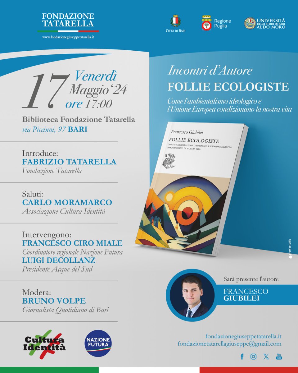 🔴 Prossima presentazione della Fondazione Tatarella: 'Follie ecologiste' di Francesco Giubilei @giubileif 📌 17 maggio ore 17.00.