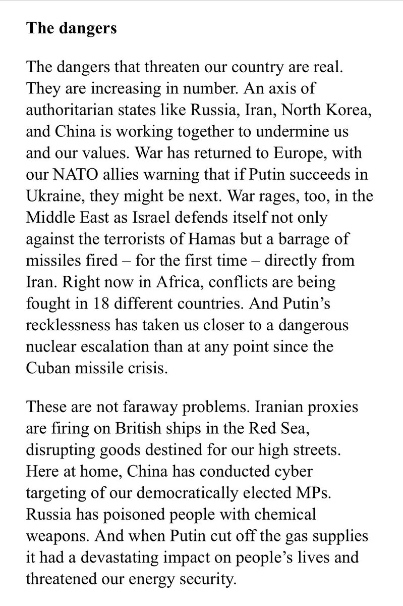 PGourtsoyannis's tweet photo. Here’s the passage of Rishi Sunak’s speech, under the heading ‘The dangers’, that starts with Russia, Iran, North Korea and China… and ends with Scottish nationalism, via Houthis, hackers, mass migration, anti-Semitism, and gender activism https://t.co/Z8TuPcxI32