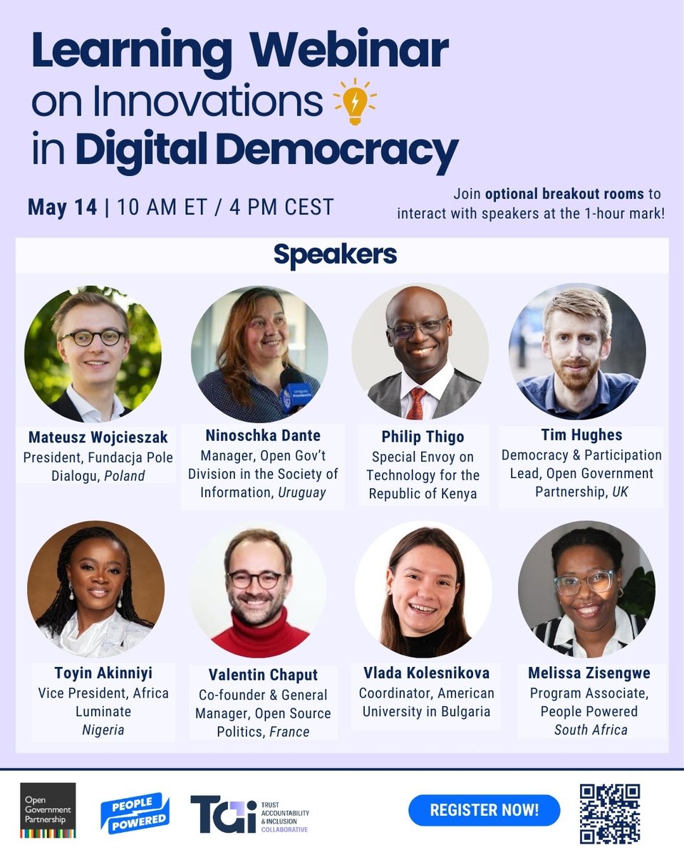 👩‍💻 Tomorrow, join @pthigo, @TimJHughes, funders, government, and civil society experts for a Learning Webinar as they discuss how to enhance citizen participation in the governance of digital technology! 🔗 Register here: bit.ly/3QEDPj2 📅 May 14 | 10 AM ET / 4 PM CEST