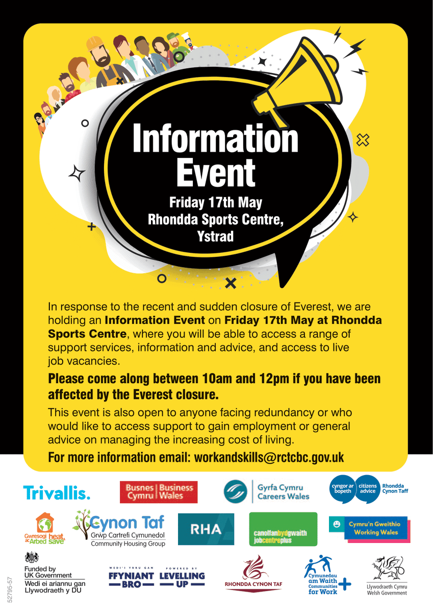 RCTCouncil's tweet photo. We’re holding an information event at Rhondda Sports Centre on May 17 for people impacted by closure of Everest 2020, including employers with vacancies and employment support/training advice. https://t.co/hl81hb02je