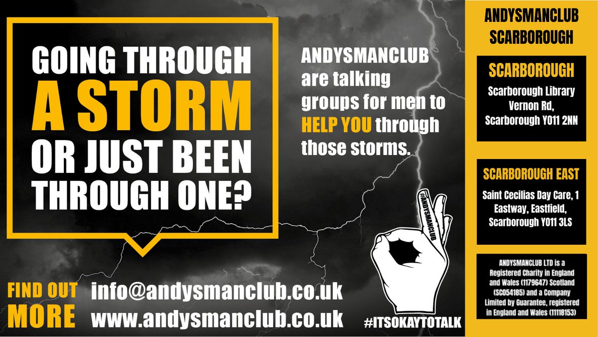 𝗠𝗲𝗻𝘁𝗮𝗹 𝗛𝗲𝗮𝗹𝘁𝗵 𝗔𝘄𝗮𝗿𝗲𝗻𝗲𝘀𝘀 𝗪𝗲𝗲𝗸 #ITSOKAYTOTALK👌 Don't forget Andys Man Club Scarborough is there for you at the Library & Eastfield 7pm today and every Monday. Groups nationwide & online, find out more: andysmanclub.co.uk #MentalHealthAwarenessWeek