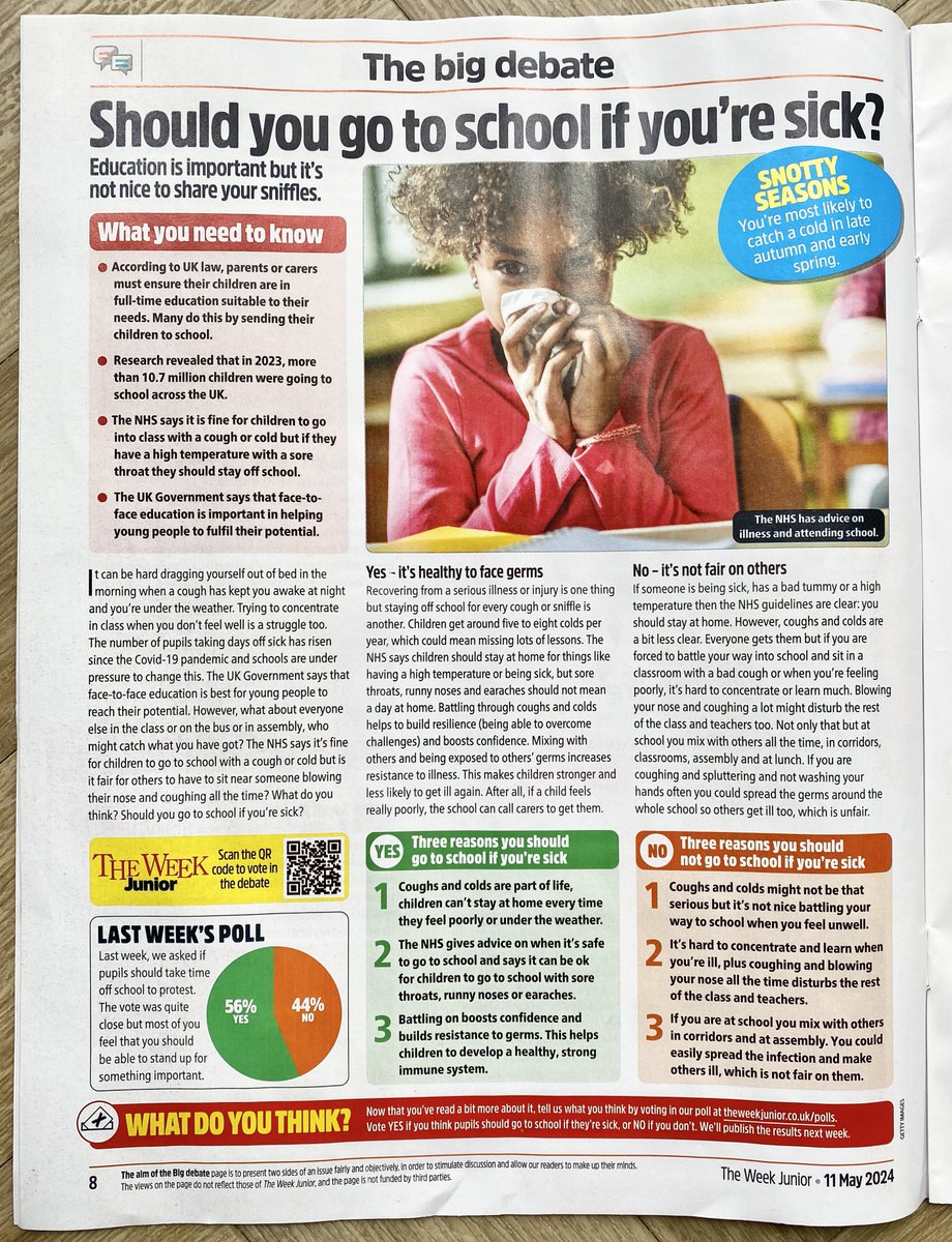 Really interesting poll in this week’s ‘The Week Junior’, a magazine targeted at children:

“THE BIG DEBATE: SHOULD YOU GO TO SCHOOL IF YOU’RE SICK?’

My kids have voted in the poll and hopefully lots of other kids will too - it will be interesting to see the results next week…