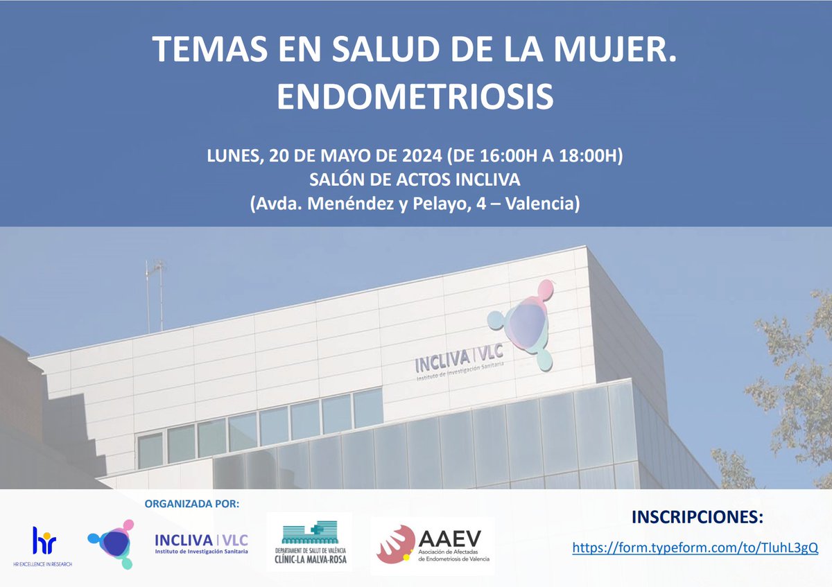 📣El próximo 20 de mayo tendrá lugar una sesión sobre la endometriosis, organizada junto con @AEndoValencia, con el objetivo de aumentar el conocimiento de las mujeres sobre esta enfermedad. 🕥De 16 h a 18 h 📍Salón de Actos de INCLIVA ✍️Inscripciones: incliva.es/events/temas-e…