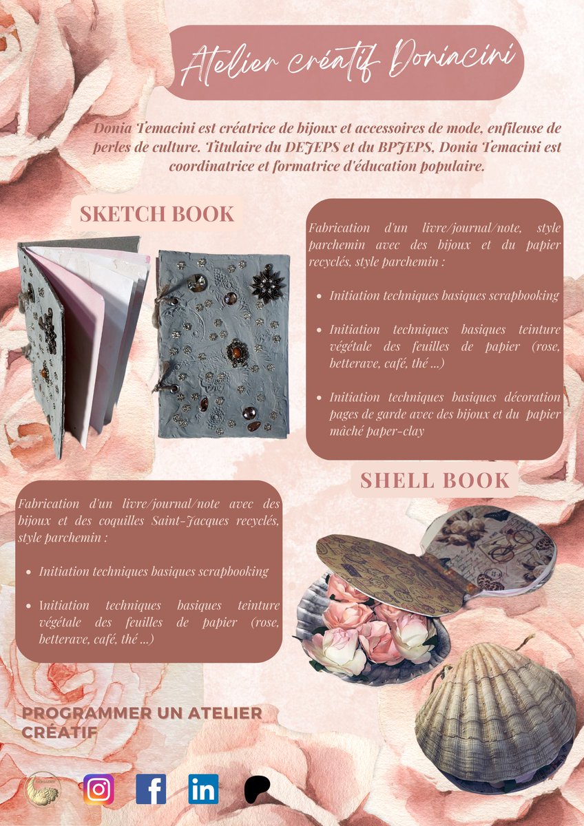 DoniaTemacini's tweet photo. S’inscrire aux ateliers créatifs shellbook et sketchbook (le lien est dans la bio) https://t.co/RuXnqFhnZV 

#loisirscreatifs #diy #faitmain #creation #doniacini #handmade #scrapbooking #shells #papiermache #activitésmanuelles #booklovers #bijoux #ess #festival #doityourself #art https://t.co/sqPUtOts67