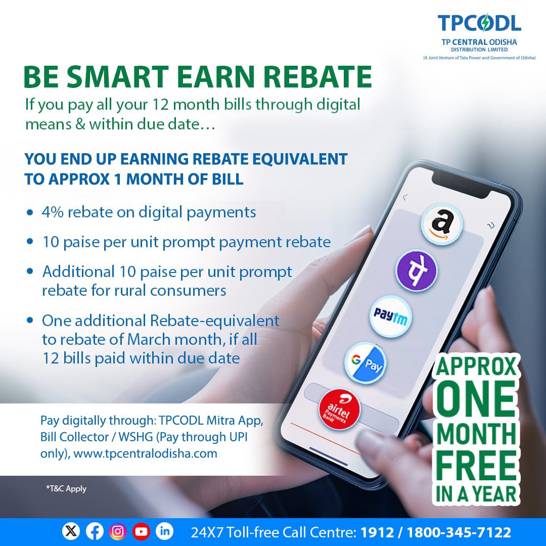 Enjoy hassle-free digital payments and avail a 4% rebate on your bills. Adapt to online bill payments and avail additional discounts on bill payments.

#DigitalPayment #TPCODL
