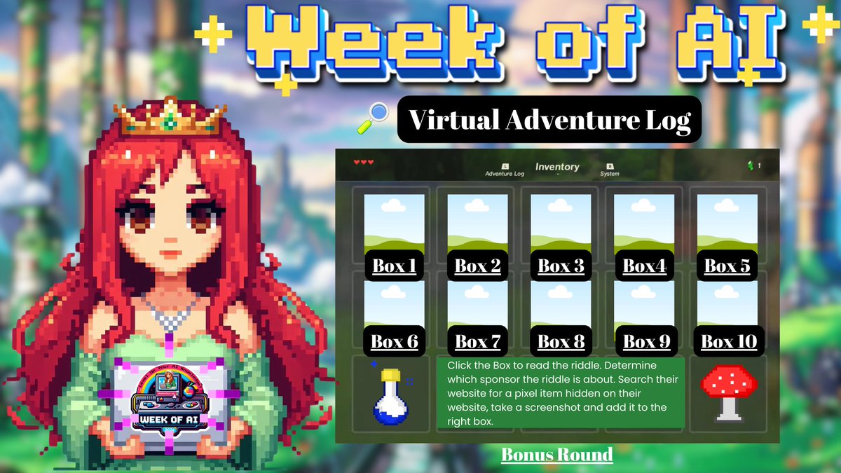 🛡️✨ Calling all adventurers of the digital realm! The #WeekofAI Virtual Scavenger Adventure awaits! 🎮🔍 Join us on a quest to uncover hidden treasures across sponsor websites. 🧩Solve riddles, collect pixel assets, and triumph to win prizes!🏆 Get started: