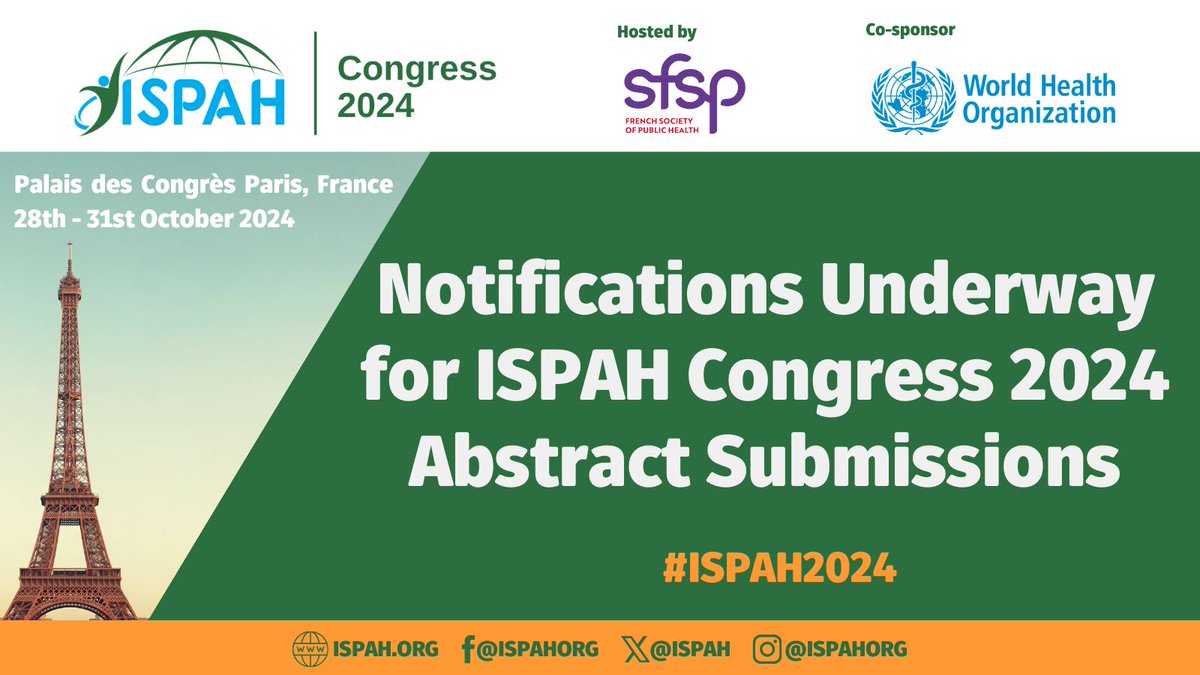 📣 Announcement #ISPAH2024

👉🏻 Notifications Underway for ISPAH Congress 2024 Abstract Submissions 

🔗 Visit the following link and learn more: buff.ly/3JXtdYH