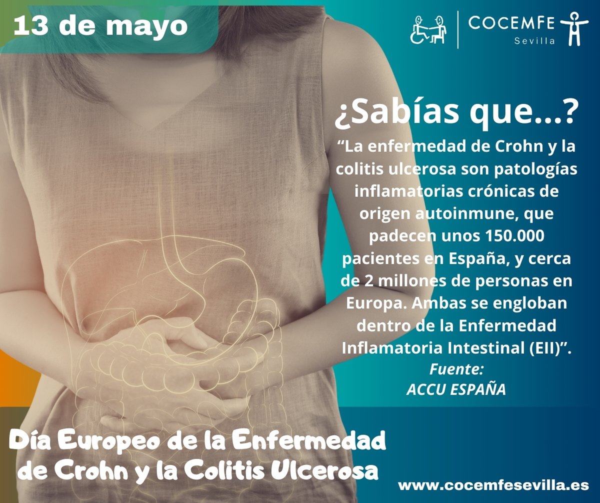 Desde @COCEMFESEVILLA nos unimos en este importante día en favor de la concienciación del Crohn y la Colitis Ulcerosa, elevando la petición para que existan más y mejores avances que mejoren la calidad de vida de las personas que llevan sus vidas con esta condición.