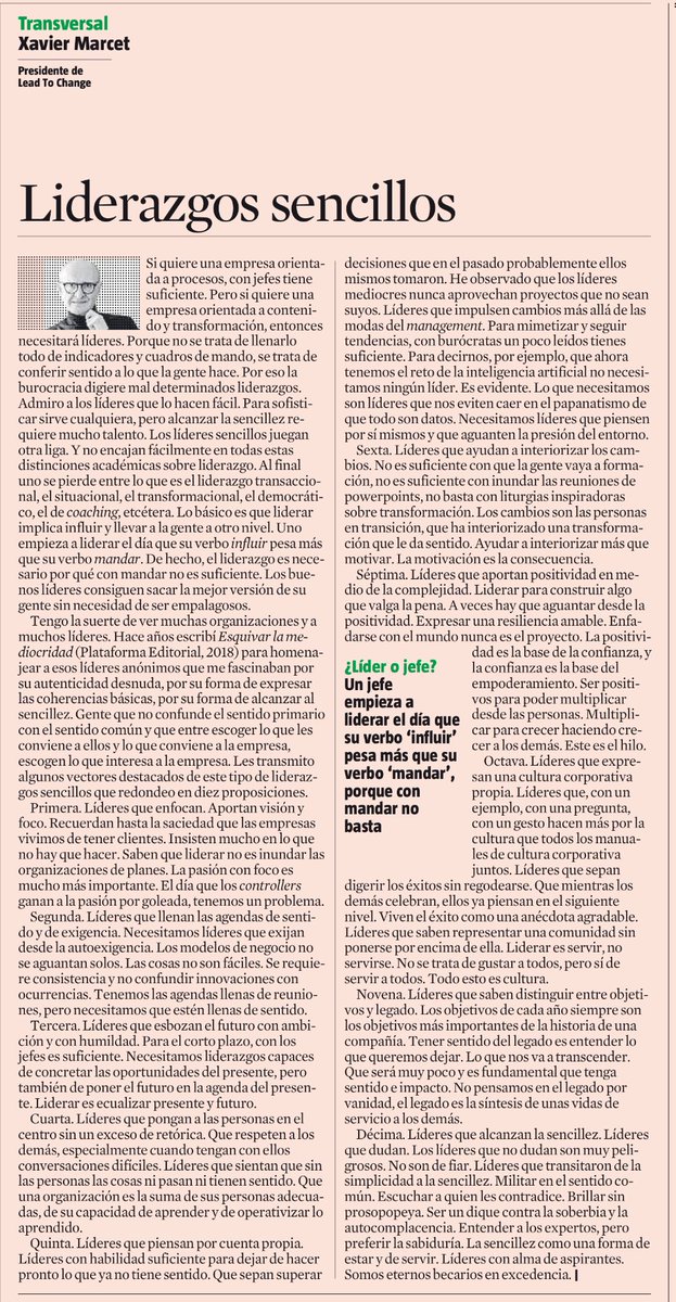 ¿Líder o jefe? Un jefe empieza a liderar el día que su verbo 'influir' pesa más que su verbo 'mandar', porque con mandar no basta. Los buenos líderes consiguen sacar la mejor versión de su gente sin necesidad de ser empalagosos!! @XavierMarcet #FelizLunes