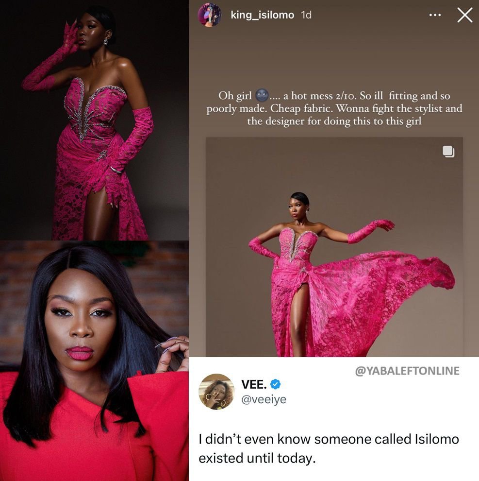 BBNaija star Vee reacts after her senior colleague, Isilomo, berated her AMVCA outfit.