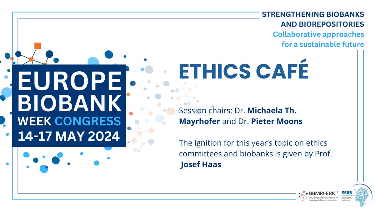 📢 #EBW24 Ethics Café starts now.

🗣️ Session chairs: Michaela Th. Mayrhofer, Pieter Moons 
 
This session aims at facilitating an exchange of thoughts and knowledge about pressing ethical issues.

🔗 europebiobankweek.eu/full-programme/