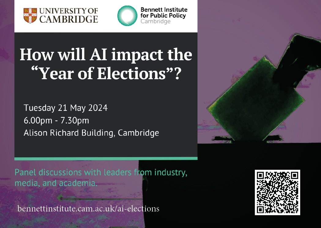 Hear an impressive line-up of #AI leaders from the media, academia & business debate 'How will AI impact the year of elections?' Speakers inc. @DianeCoyle1859 @kncukier @ginasue @DrEllaMcPherson @KerryAMcInerney Tom Mason @HenryAjder & @waltpasquarelli bennettinstitute.cam.ac.uk/events/how-wil…
