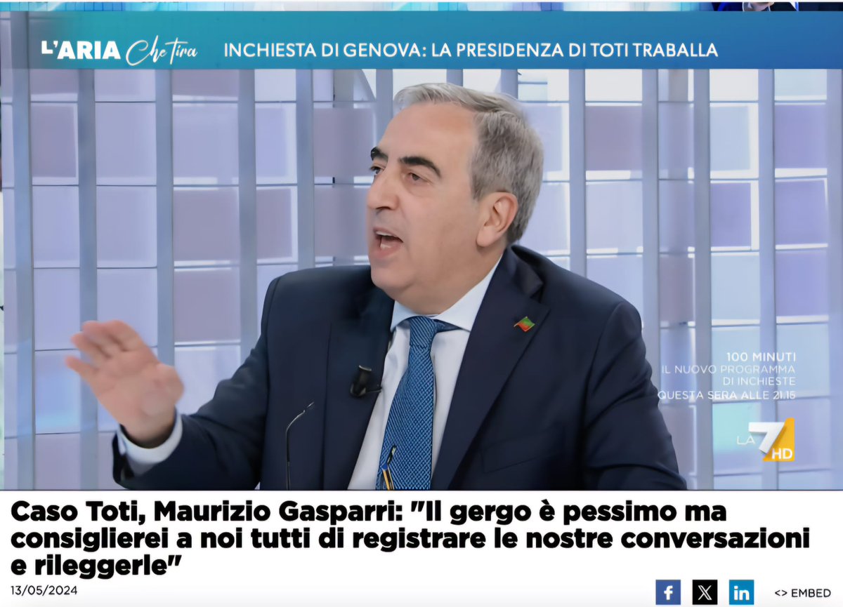 Proprio stupida l’osservazione: anche noi al telefono diciamo cose che se pubblicate ci farebbero vergognare. 1. Che parli per sé; 2. Noi non abbiamo incarichi istituzionali; 3. Non parliamo al telefono di affari e soldi pubblici da dare in cambio di sostegno “politico” #Toti