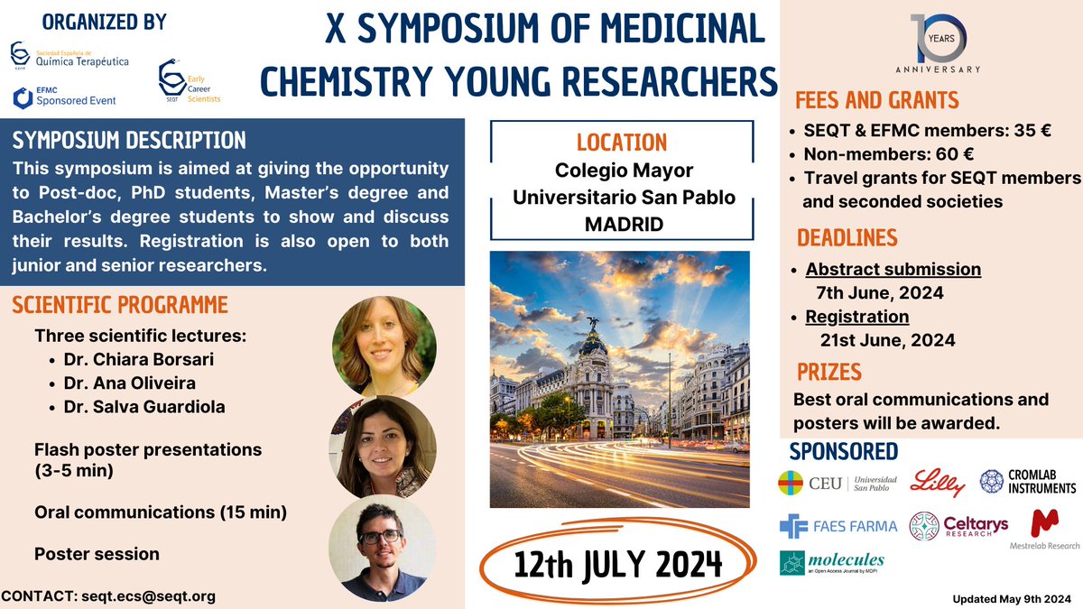 ⚠️📢Less than a month to submit your abstract for the X Symposium of Medicinal Chemistry Young Researchers ⚠️Do not miss this opportunity!! 📅July 12, 2024 📍Madrid 🔗sites.google.com/view/seqtxyrs/… Submit your abstract by June 7 #ECS #MedicinalChemistry #ChemicalBiology #DrugDiscovery