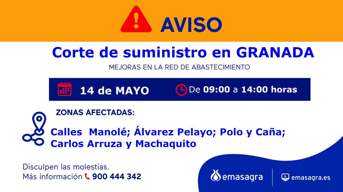 ⚠️Corte de suministro programado en #Granada ¡Prepárate para el corte de #Agua! ℹ Más información ☎️900 444 342 💻Seguimiento emasagra.es/avisos 🙏Disculpen las molestias