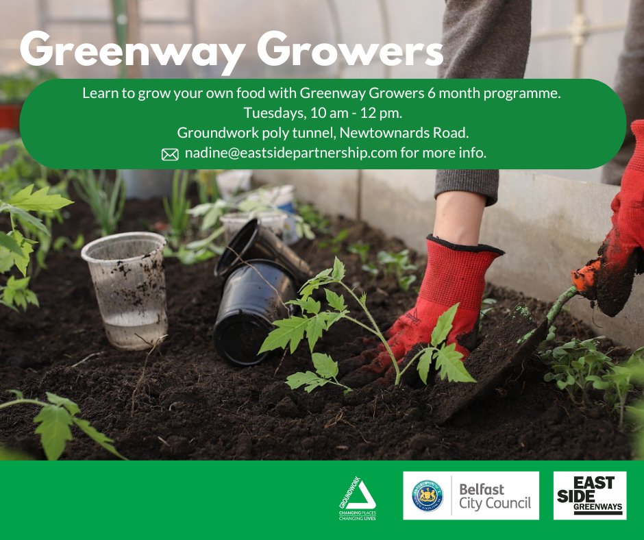 Don't forget you can join us at the 𝐆𝐫𝐞𝐞𝐧𝐰𝐚𝐲 𝐆𝐫𝐨𝐰𝐞𝐫𝐬 project with @EastSidePship & @belfastcc Learn to grow your own food & get some healthy living tips at the Connswater Poly Tunnel, Newtownards Road, East Belfast. 📧nadine@eastsidepartnership.com for info