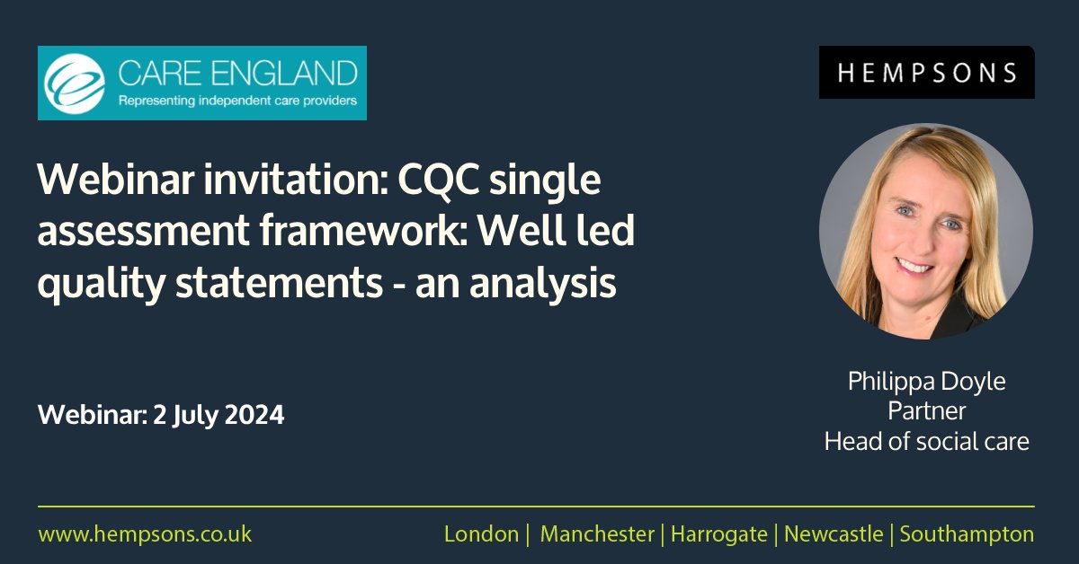 Join @PhilippaDoyle1, head of social care, for her Care England webinar on 2 July, “ CQC Well Led Quality Statements – an analysis”. For more details and to book click here: hpsns.co/CE-CQCwebinar-…