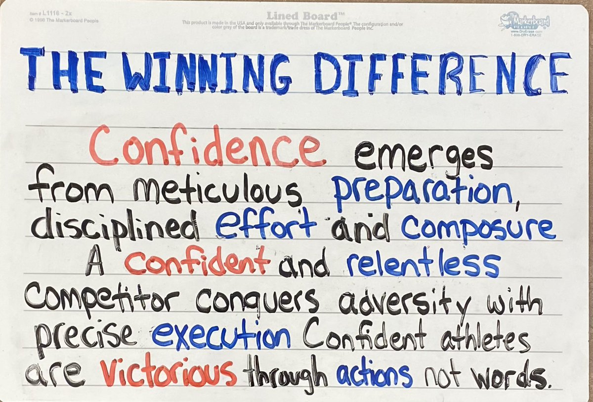 Confidence emerges from meticulous preparation, disciplined effort and composure. A confident and relentless competitor conquers adversity with precise execution. Confident athletes are victorious through actions not words.