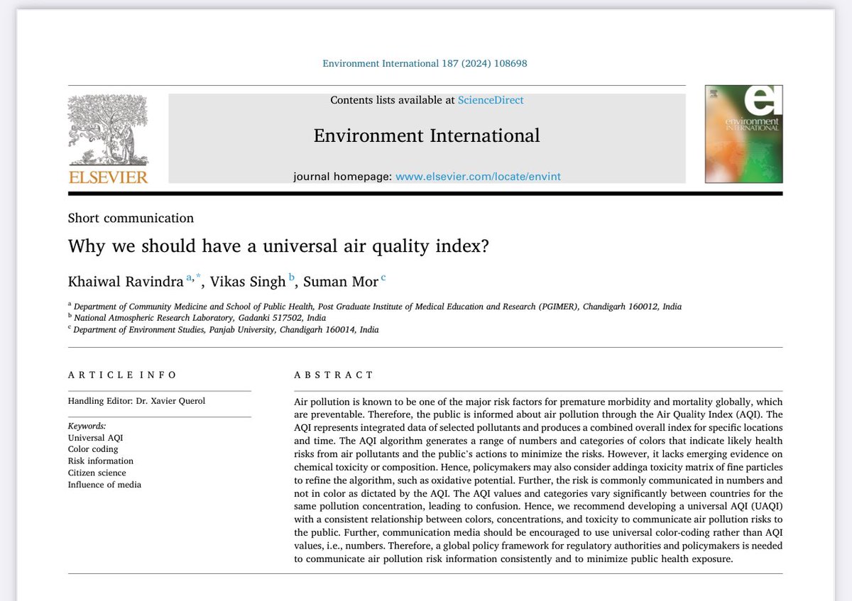 We propose & advocate for a Universal Air Quality Index #UAQI. It urges focus on chemical toxicity & universal color coding & not on number index to communicate, engage, & empower citizens for clean air doi.org/10.1016/j.envi… @DrSingh_vikas @sumanmorpu @WHO @DrMariaNeira @moefcc
