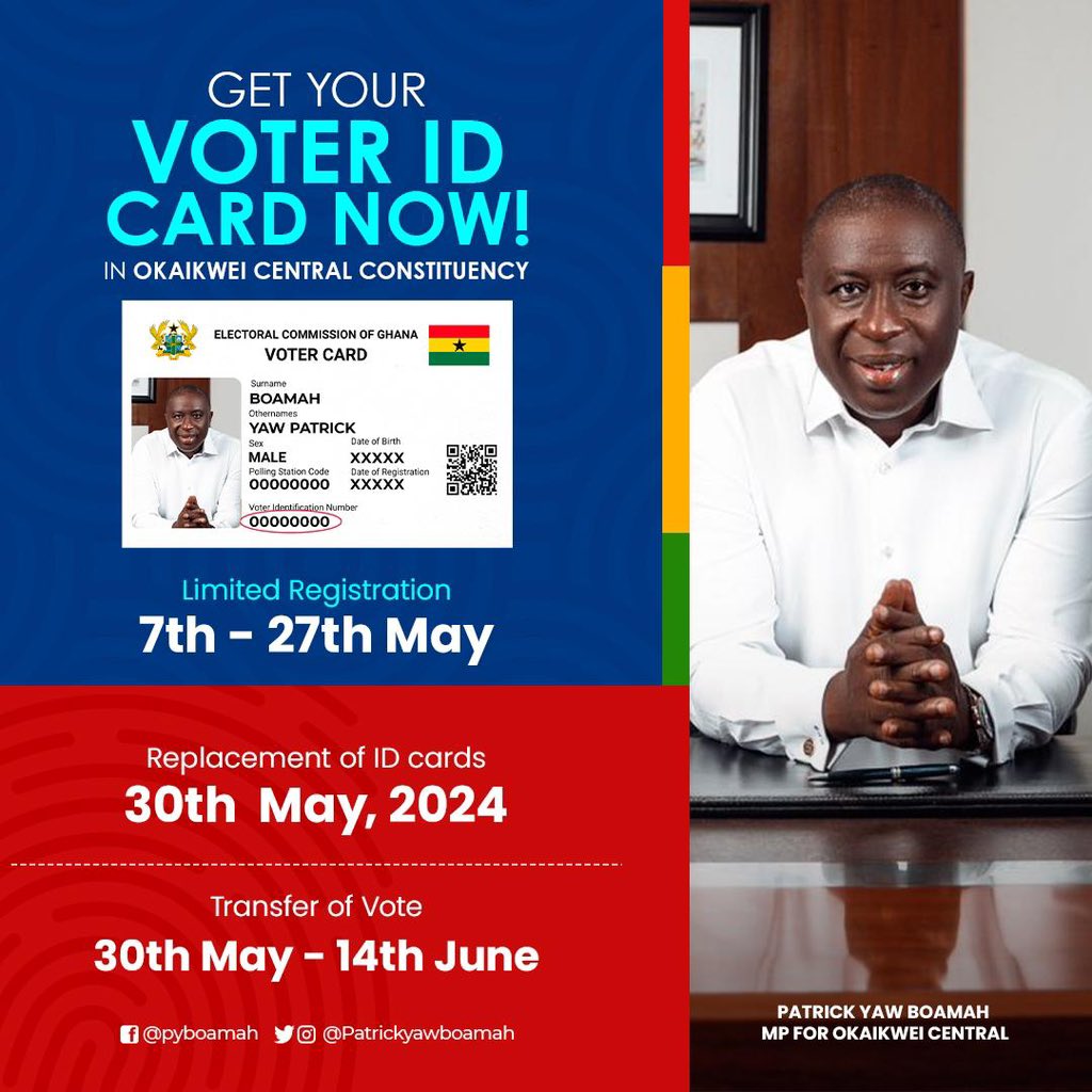 pyboamah's tweet image. I urge all my beloved constituents who have attained the age of 18 years in Okailwei Central and have not registered to vote. Therefore, I encourage you all to go out in your numbers to get registered! 

#GetRegistered
#OkaikweiCentral 

@ECGhanaOfficial