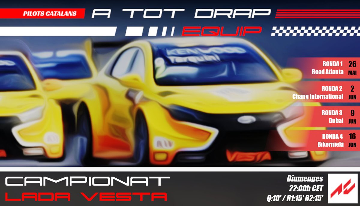 a_tot_drap's tweet photo. Nou campionat #atotdrap en @AC_assettocorsa (PC) amb el #ladavesta #tcr. 4 rondes, amb doble cursa de 15' i un màxim de 22 pilots. Campionat retransmès en directe pel canal https://t.co/R053453y3B.
Diumenges, a les 22h. Tan sols queden 4 places disponibles. https://t.co/zeSreZ9OSQ